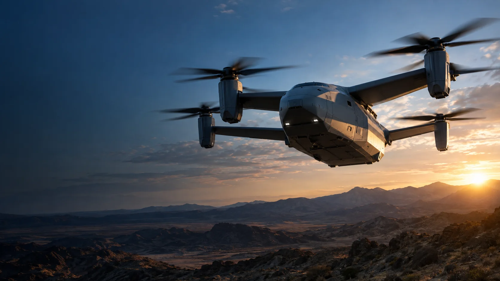 Concept illustration of an autonomous cargo aircraft over a desert test range