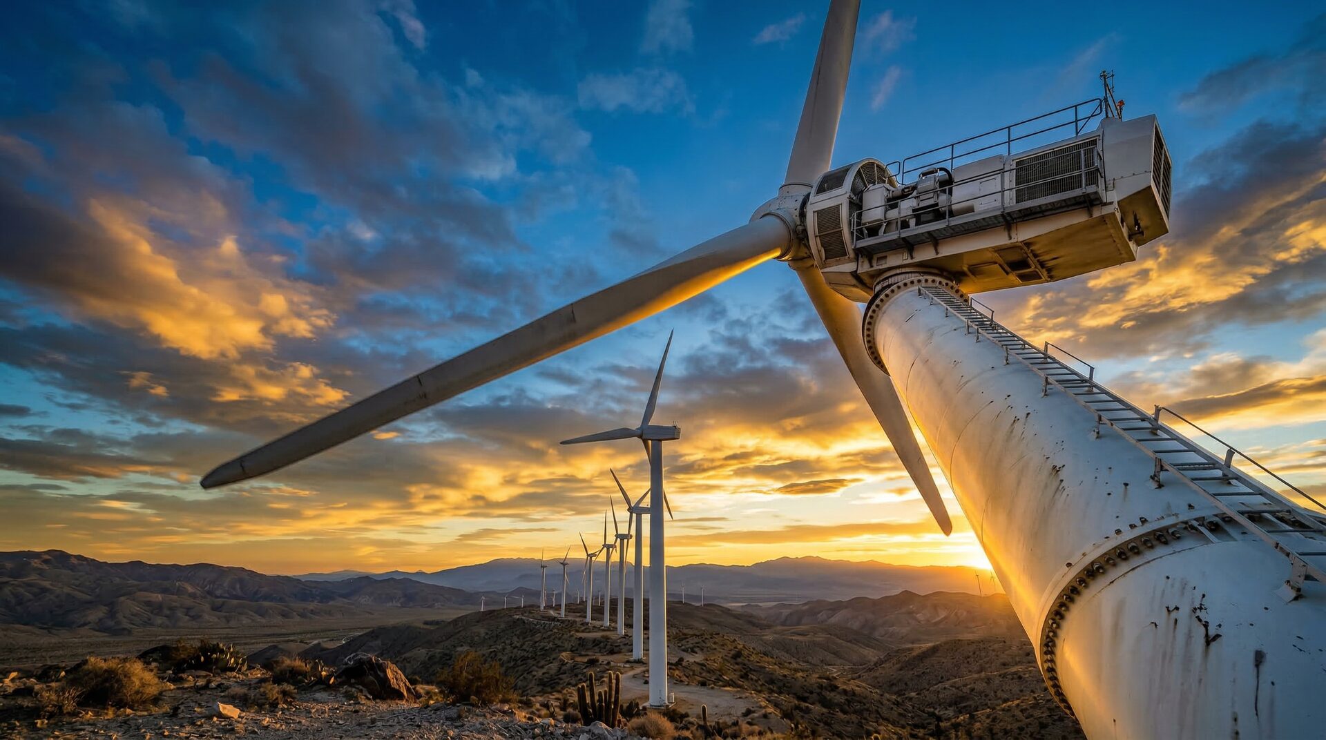 Wind turbines at sunset
