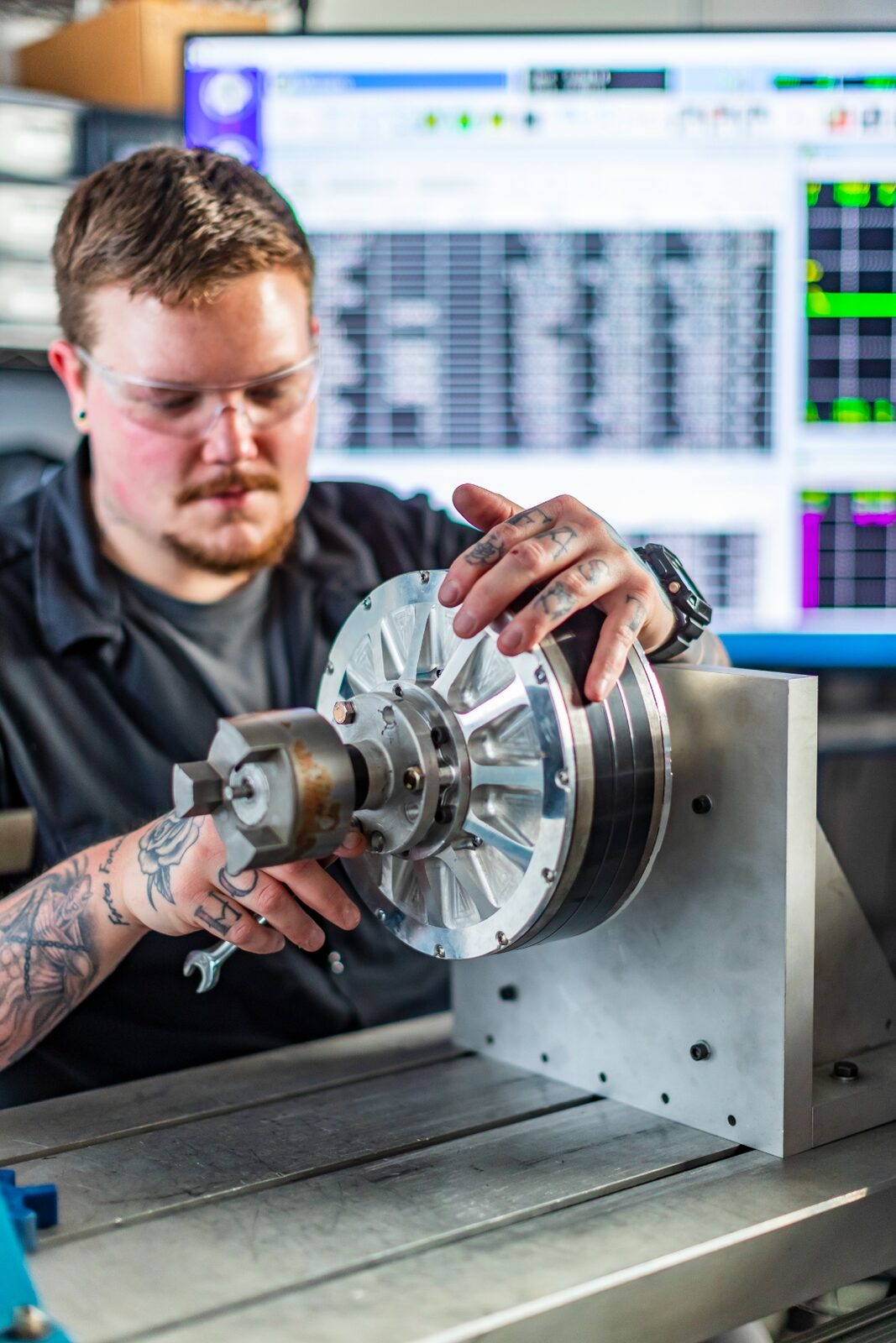 Close-up of HET motor rotor assembly on precision test bench